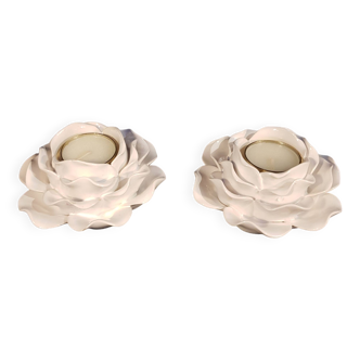 Duo of white ceramic candle holders