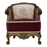 1940s, Danish armchair, woven wool, velour, mesh, carved oak wood.