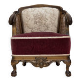 Fauteuil danois des années 1940, en laine tissée, velours, maille, bois de chêne sculpté.