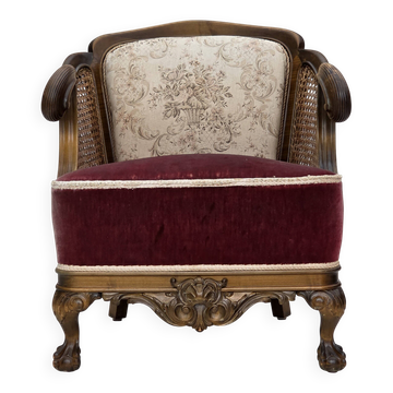 1940s, Danish armchair, woven wool, velour, mesh, carved oak wood.