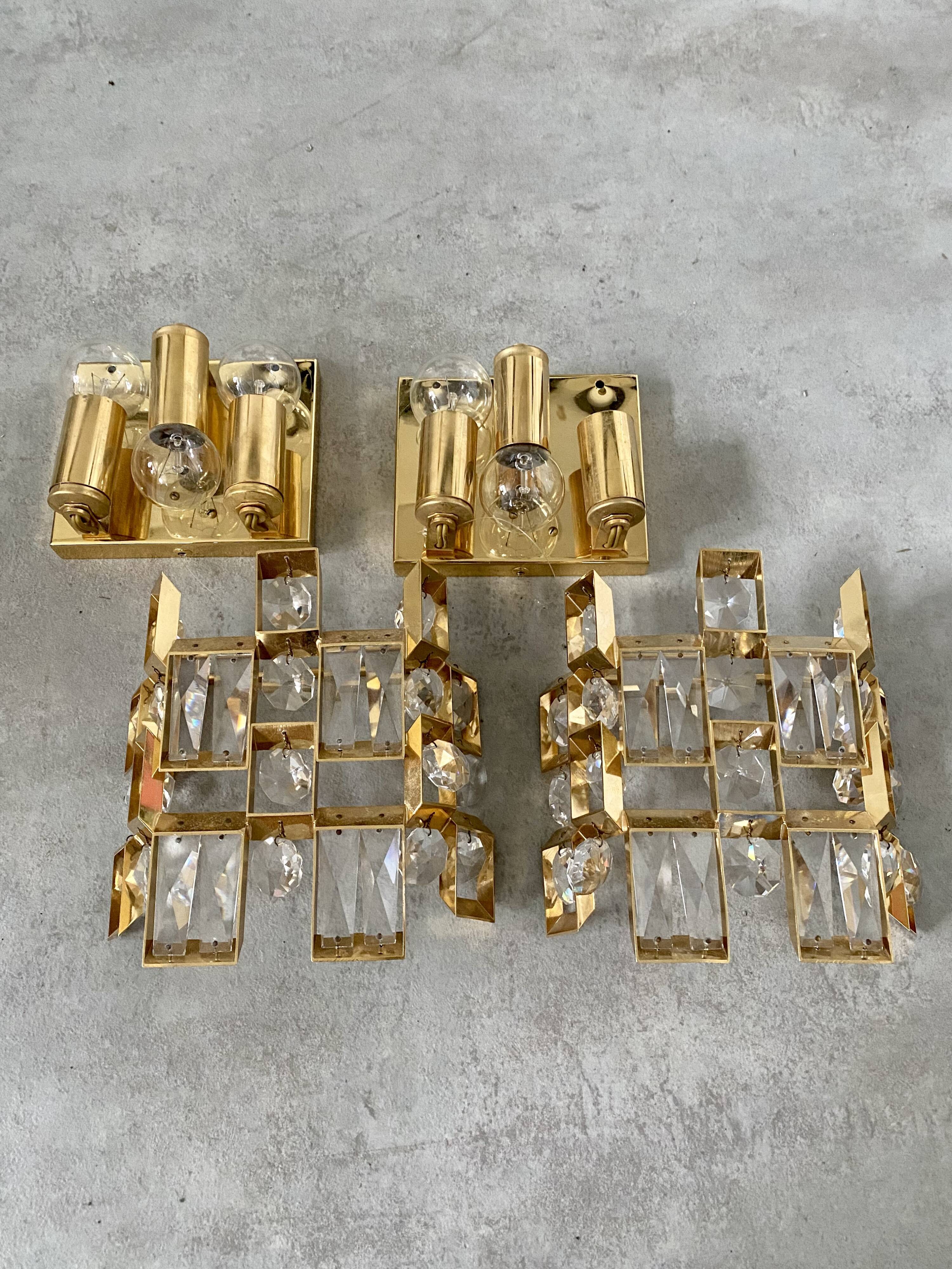 Set of 2 wall lamps gold crystal and brass Palwa Germany 1950