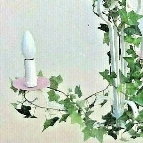 Lustre ancien Maison Delmas Fer forgé blanc / décoré de lierre artificielle