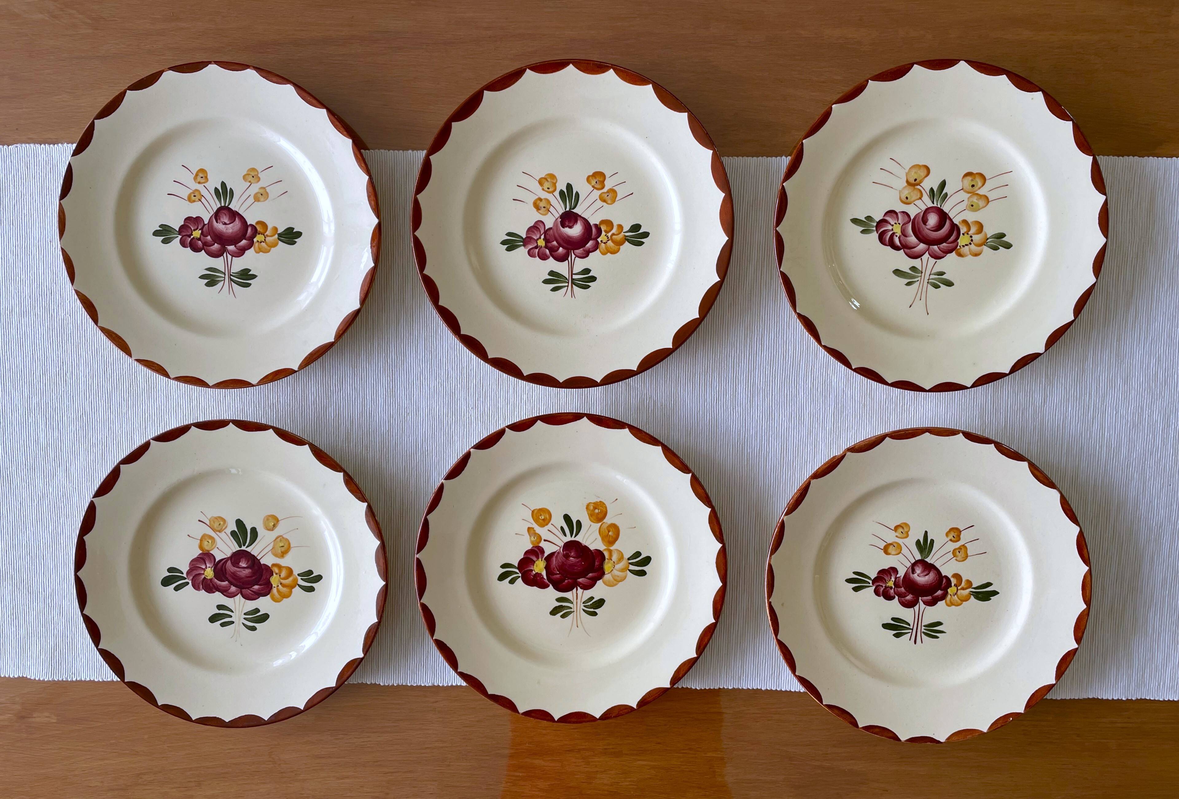 6 assiettes à dessert anciennes en faïence de Longchamp