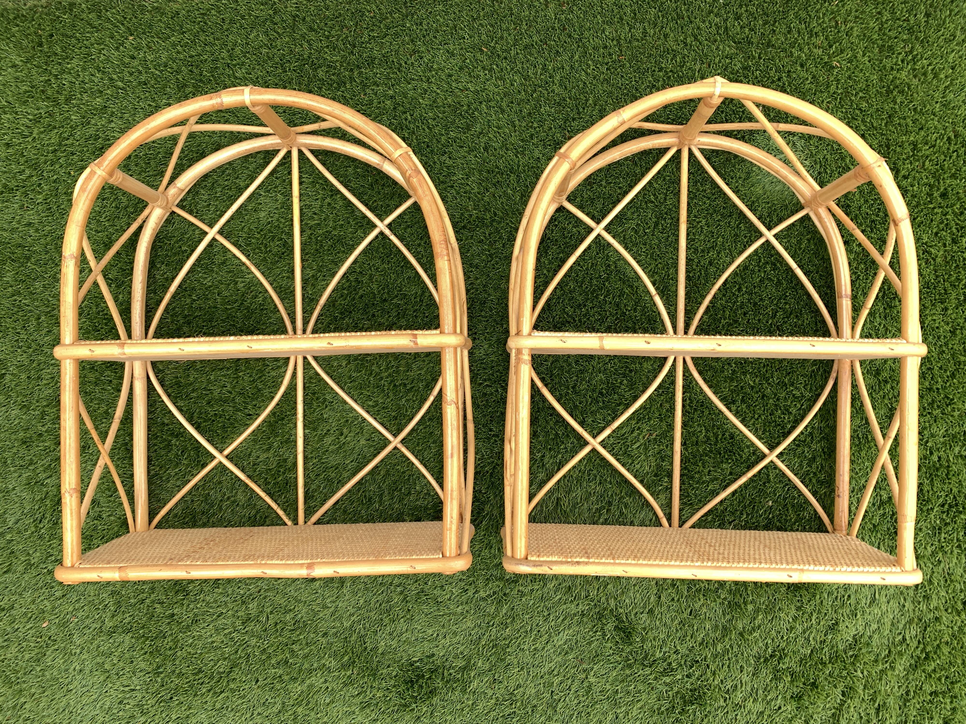 Pair of rattan and bamboo shelves or wall-bookcases, 1970
