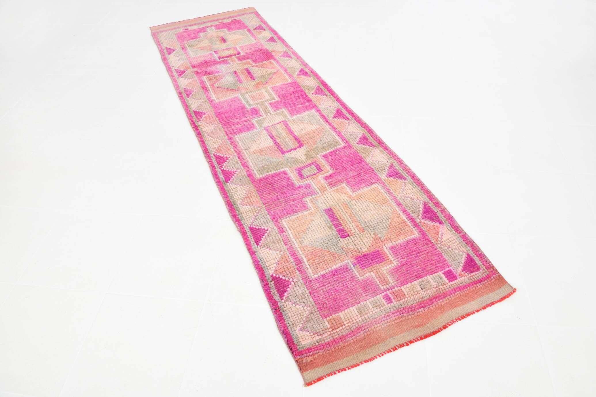 Faded Pink Geometric Style Vintage Runner Rug, Rug For Kitchen, 87x302