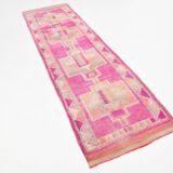 Faded Pink Geometric Style Vintage Runner Rug, Rug For Kitchen, 87x302
