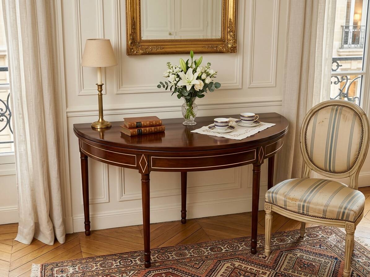 Louis XVI console dining table, extendable, renovated walnut from the 18th century.