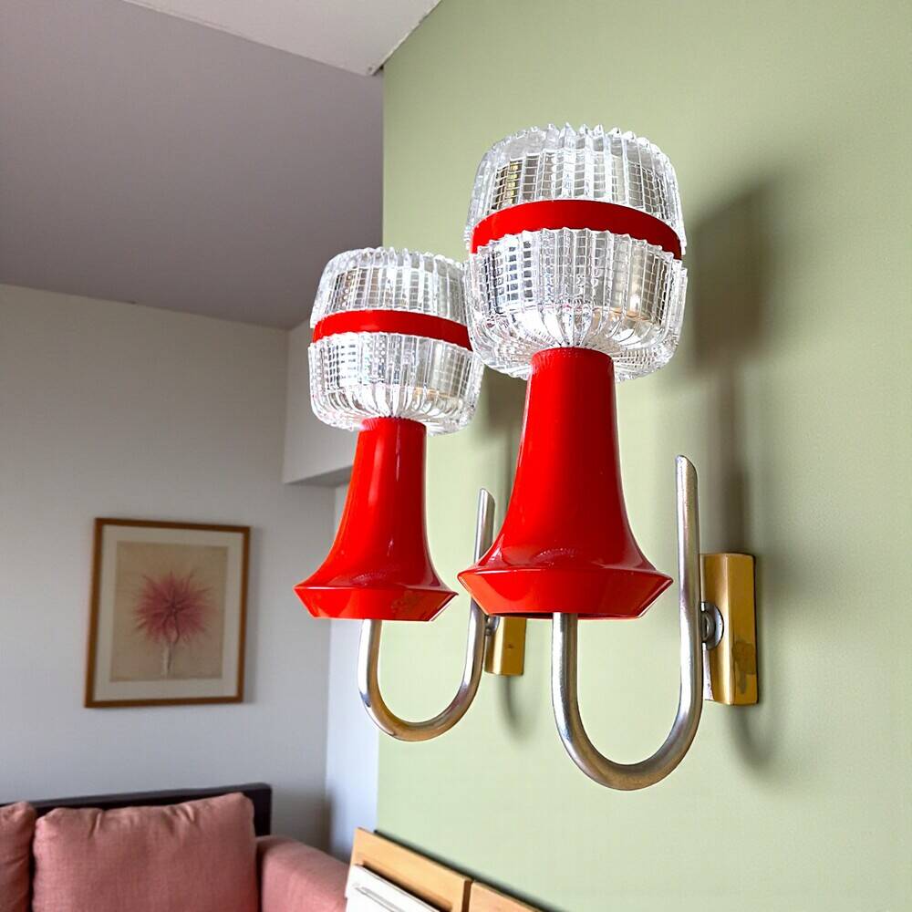 Pair Red Mid Century Modern wall lamps