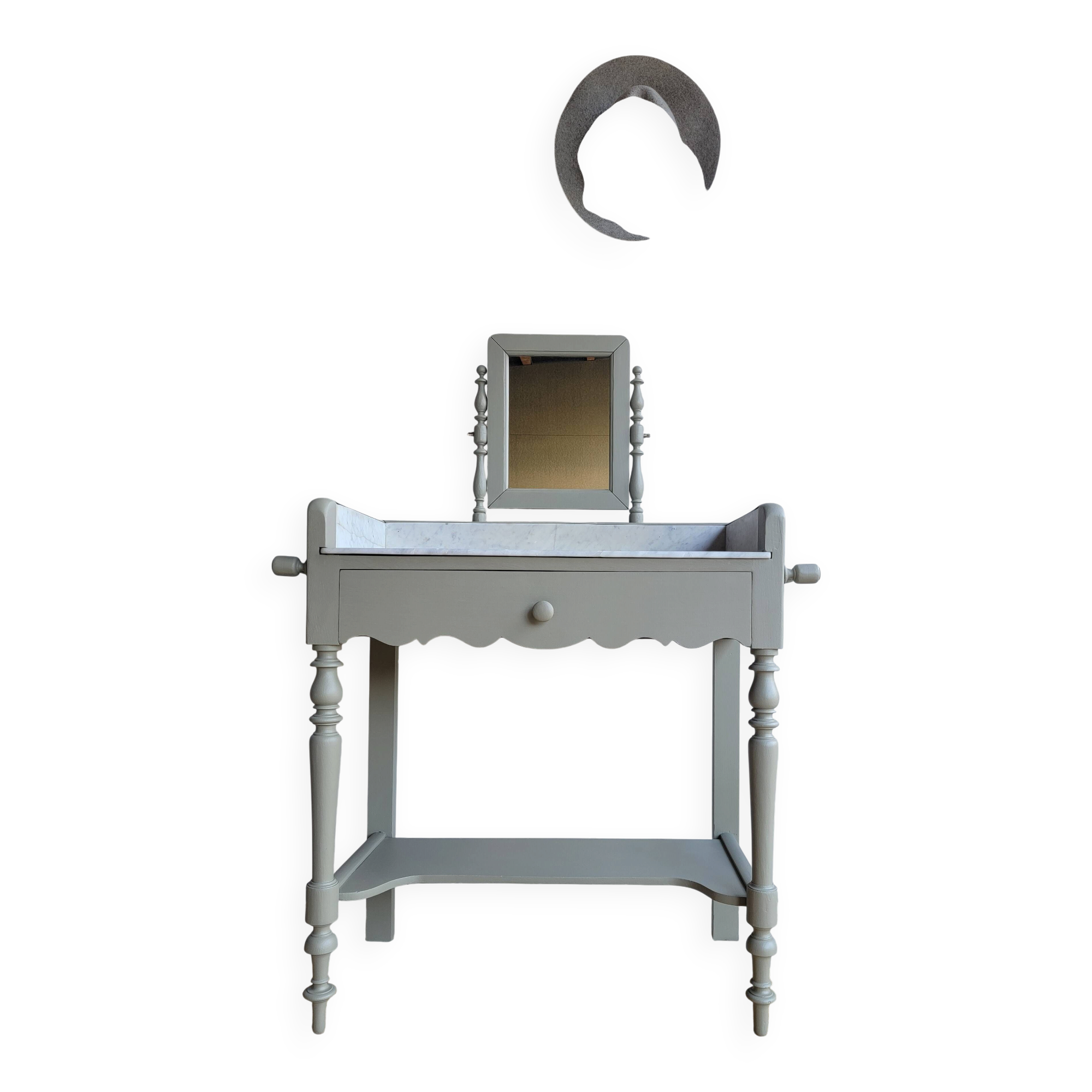 Antique wooden dressing table with marble top and mirror.