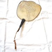 Antique fan - hand screen in painted silk and black wood - white flowers 19th century