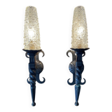 Pair of brutalist wall sconces in wrought iron