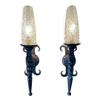 Pair of brutalist wall sconces in wrought iron