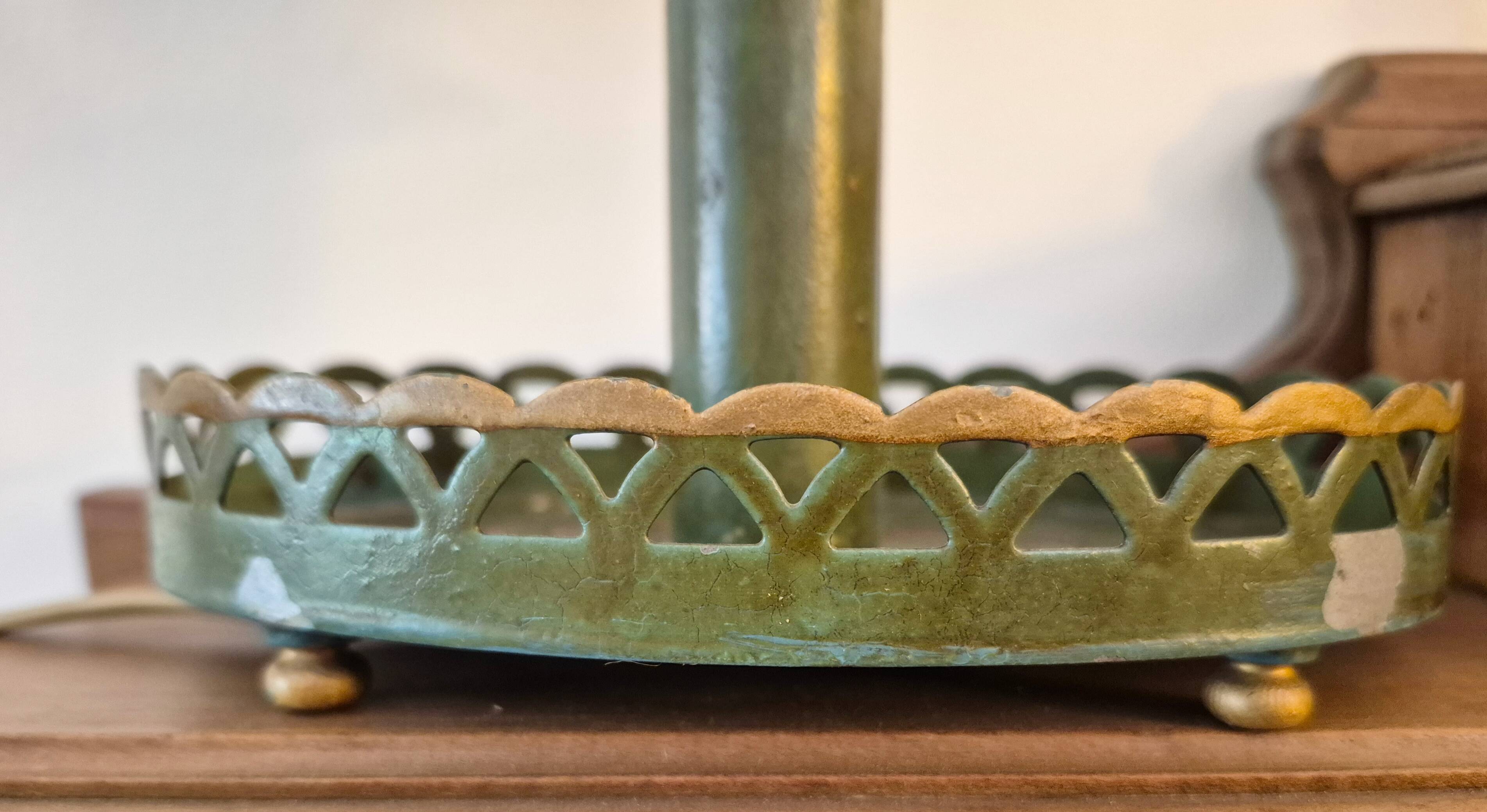 Metal bouillotte lamp, Empire style, green metal shade.