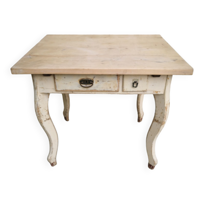 Table de cuisine vintage en bois, pieds courbés