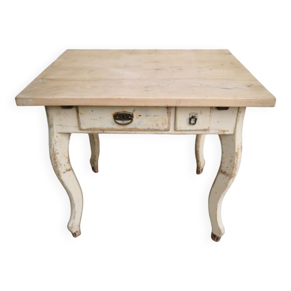 Table de cuisine vintage en bois, pieds courbés