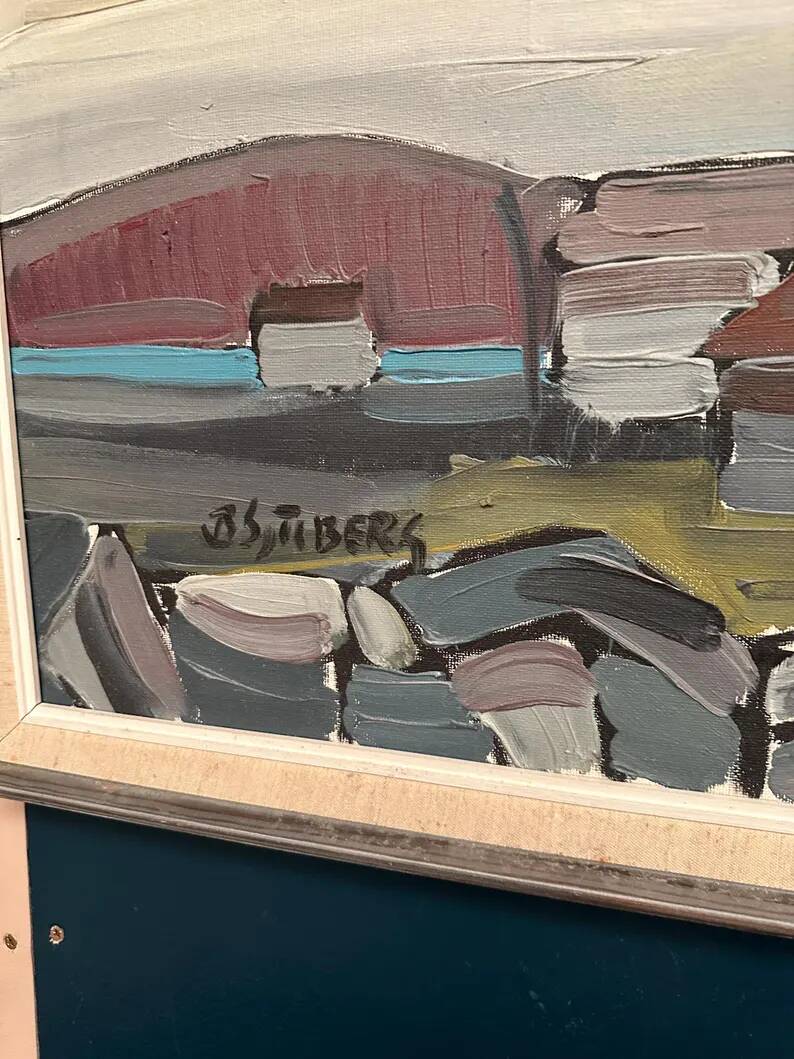 XL Original Swedish Oil on Canvas “Coastal Village” by Bo Sjöberg –Signed