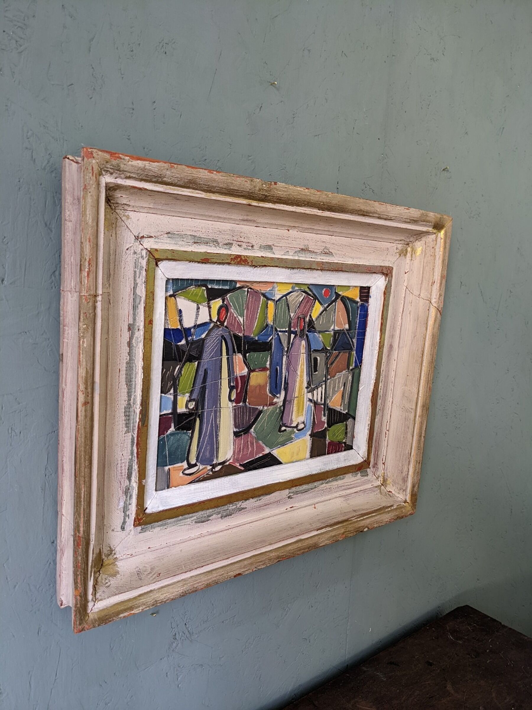 1951 Mid-Century Modern "Figures in Colour" Vintage Geometric Abstract Figurative Oil Painting, Fram