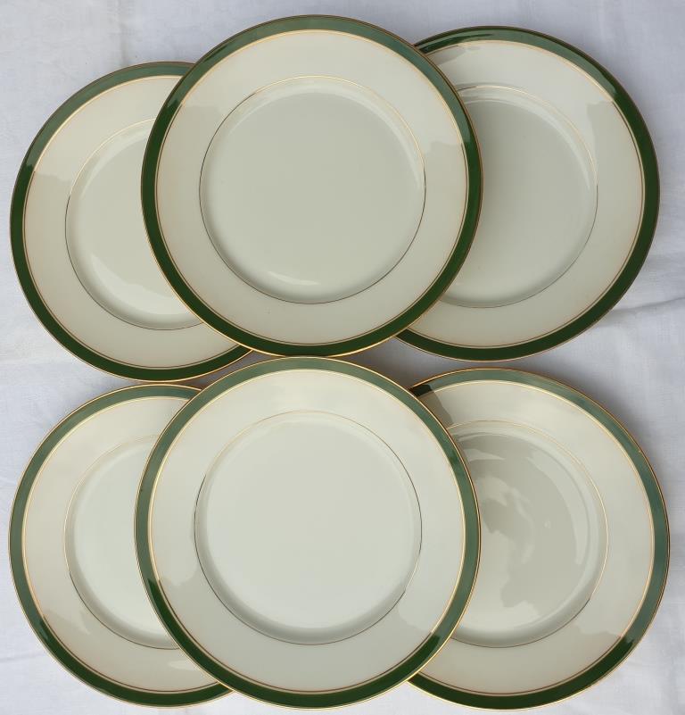 Set 6 porcelain plates Aux Lions de Faïence 1920 imperial green and gold