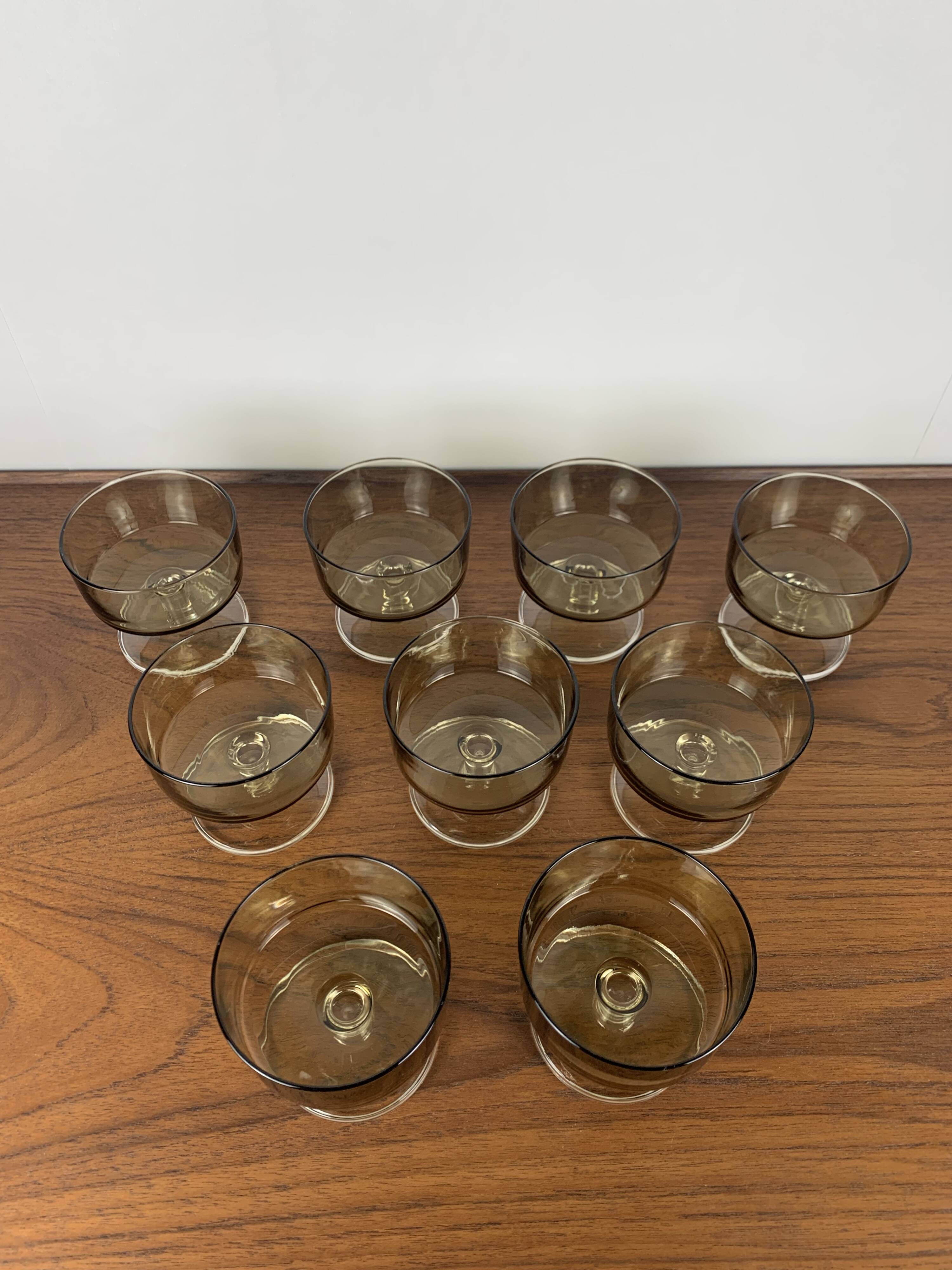 Set of 9 smoked glass champagne glasses, 1970