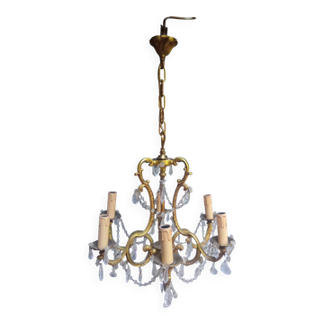 Antique cage chandelier in gilded bronze and crystal, 6 lights / working condition l gau