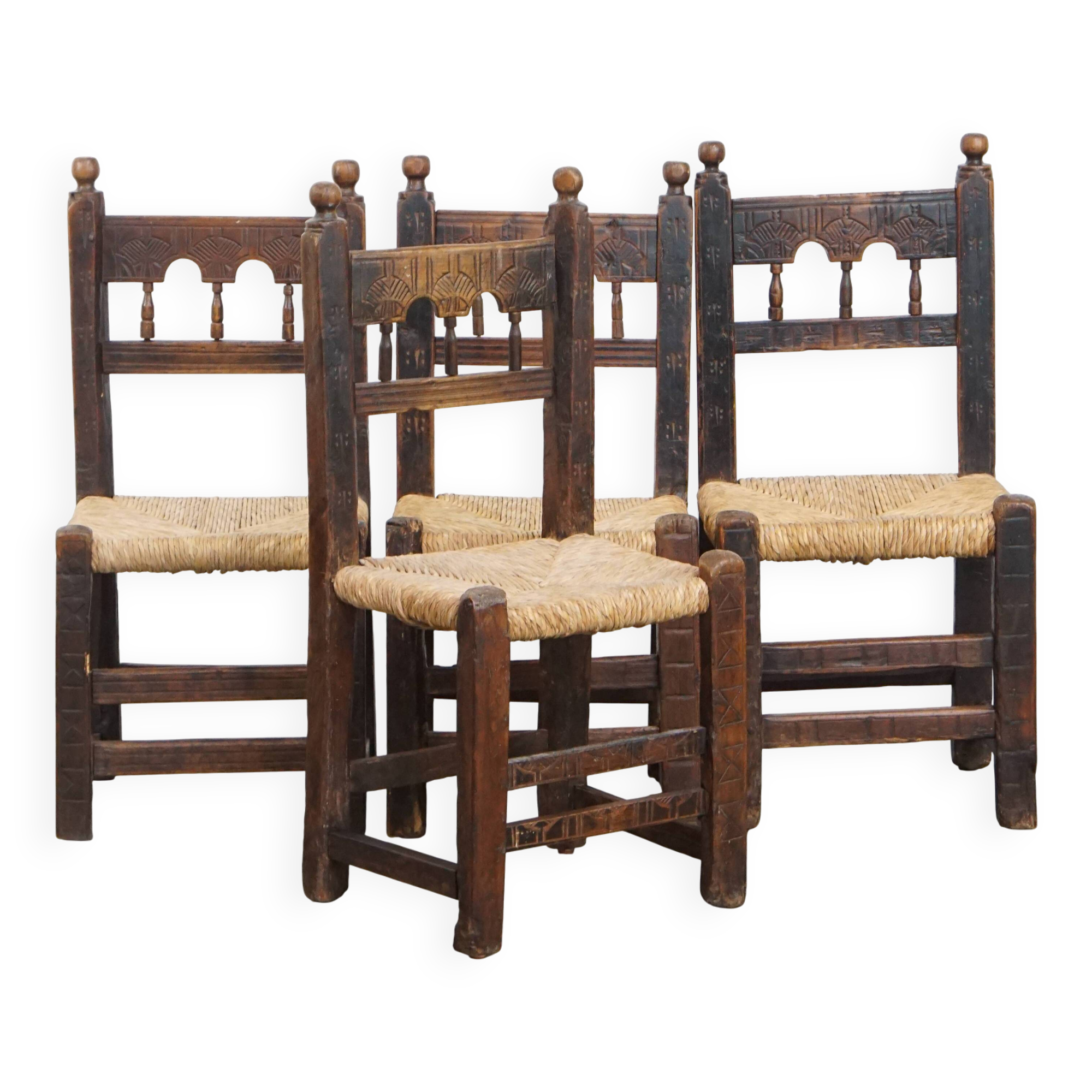 Set of 4 Antique Spanish Country Chairs with Woven Rattan Seats
