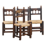 Set of 4 Antique Spanish Country Chairs with Woven Rattan Seats
