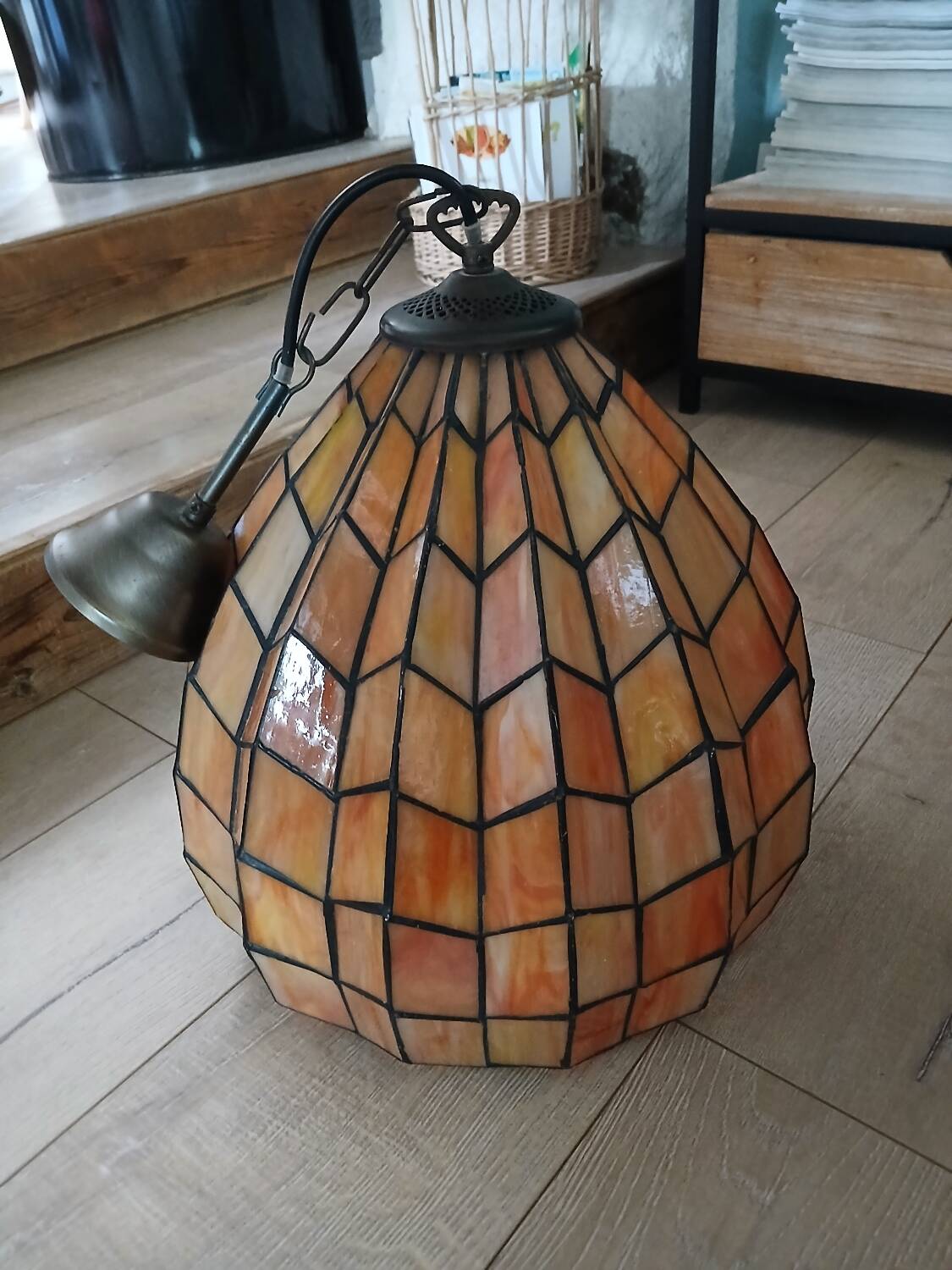Antique stained glass and bronze pendant light