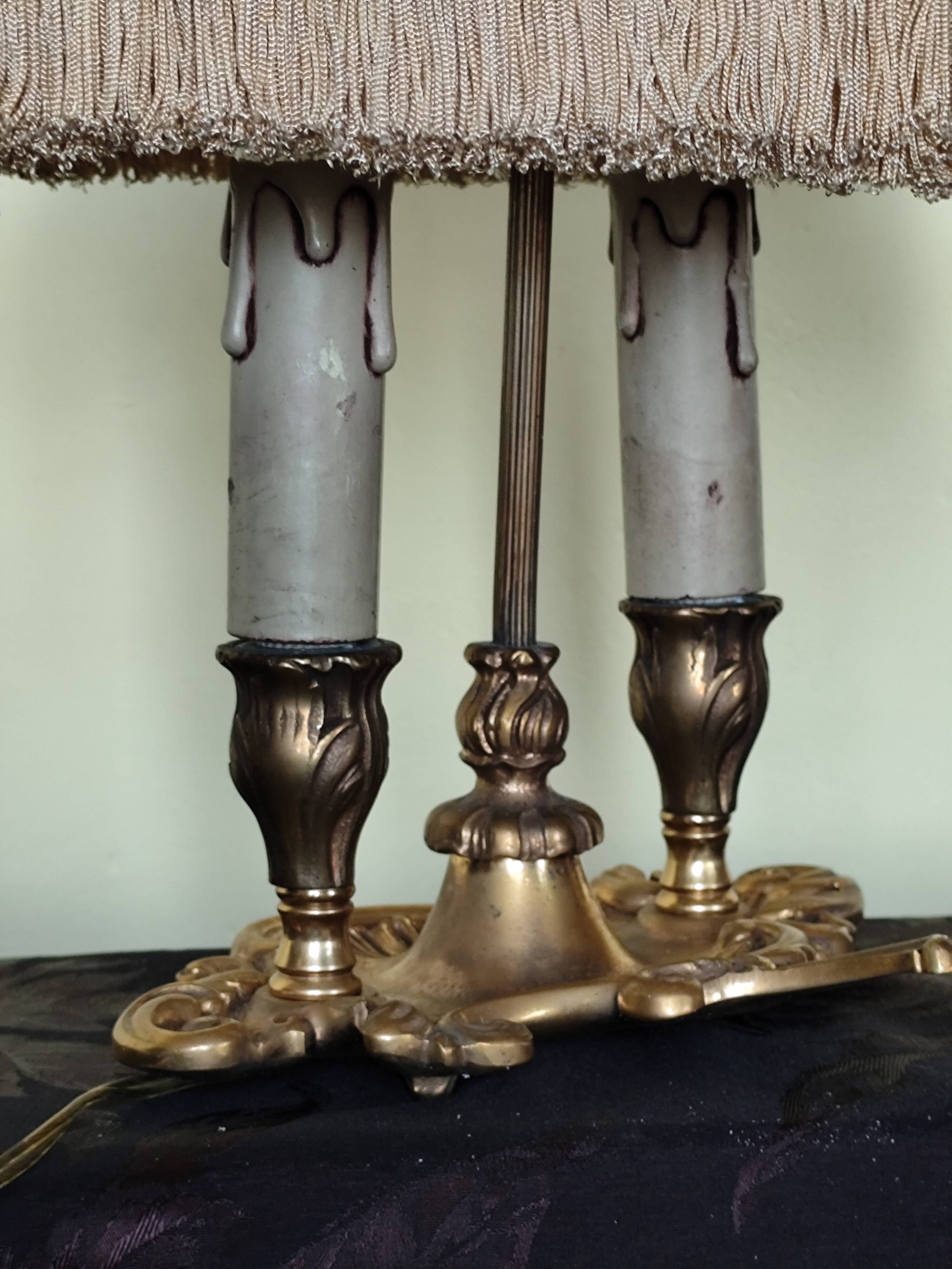 bronze bouillotte lamp with 2 lights and fabric shade