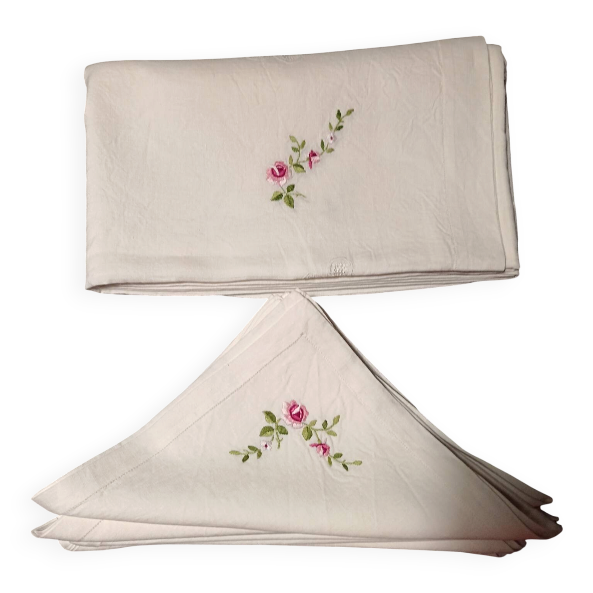 Large antique hand-embroidered tablecloth