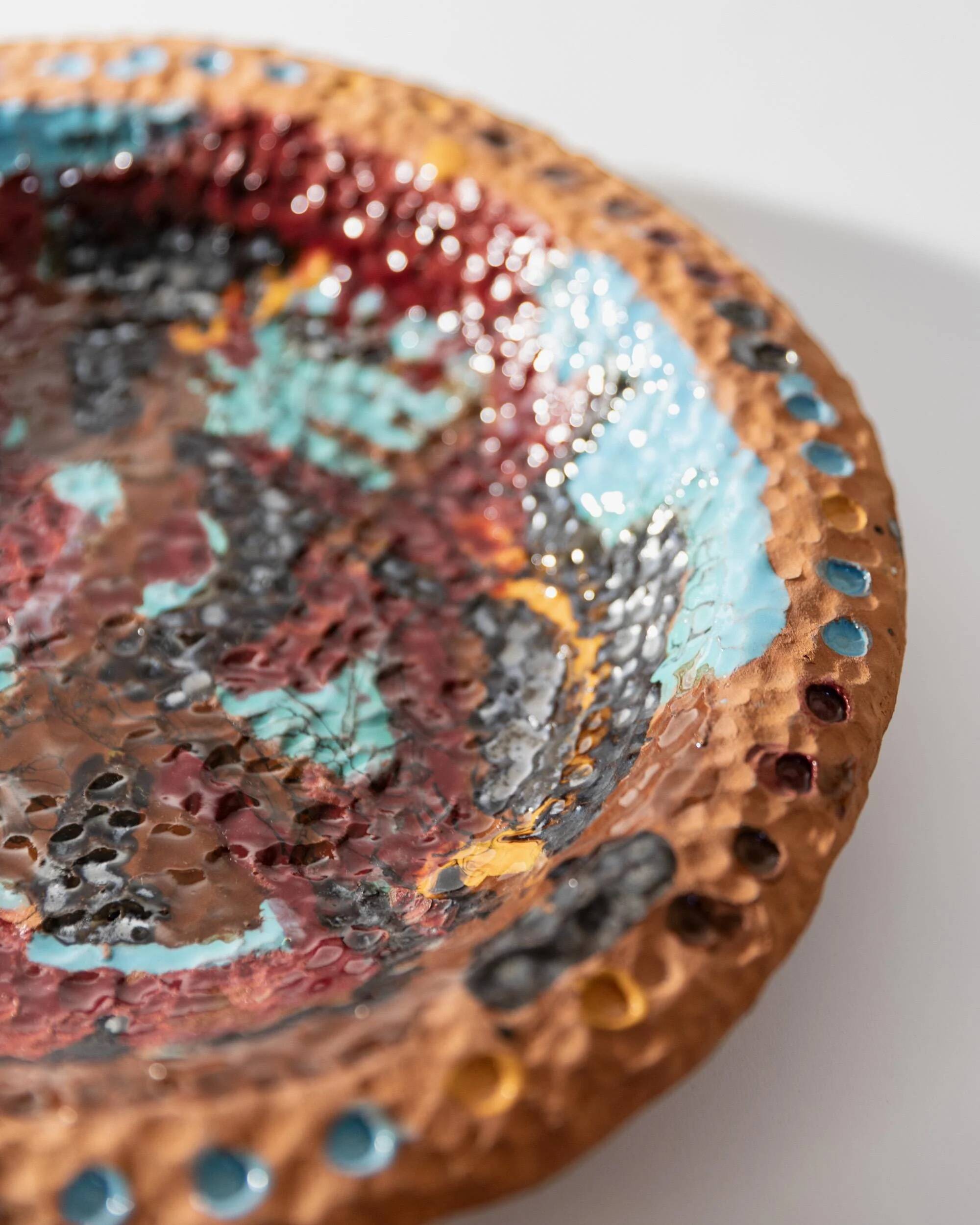 Vintage 1970s ceramic workshop bowl, naive handcrafted shape with coloured glaze, terracotta fruit bowl or wall plate, elegant gift idea.
