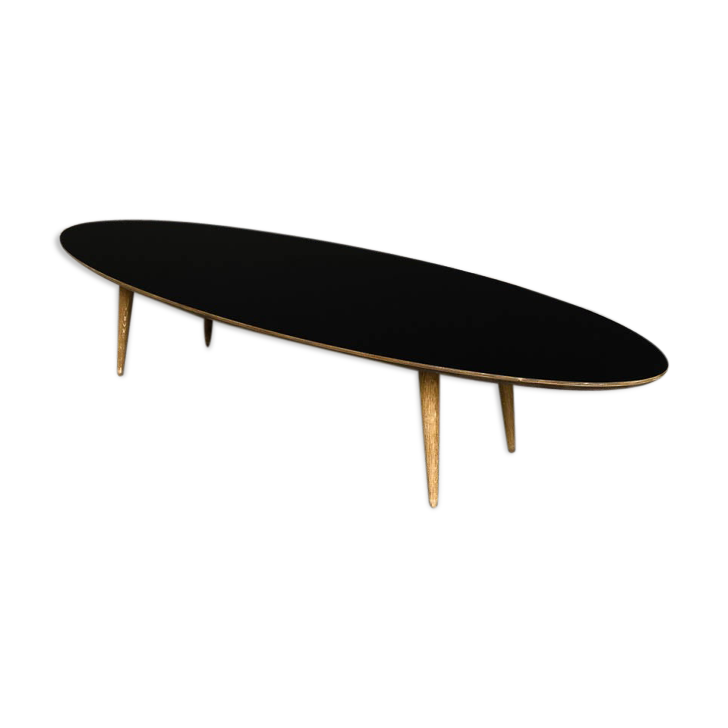 Oval coffee table with a black tray and oak-turned feet