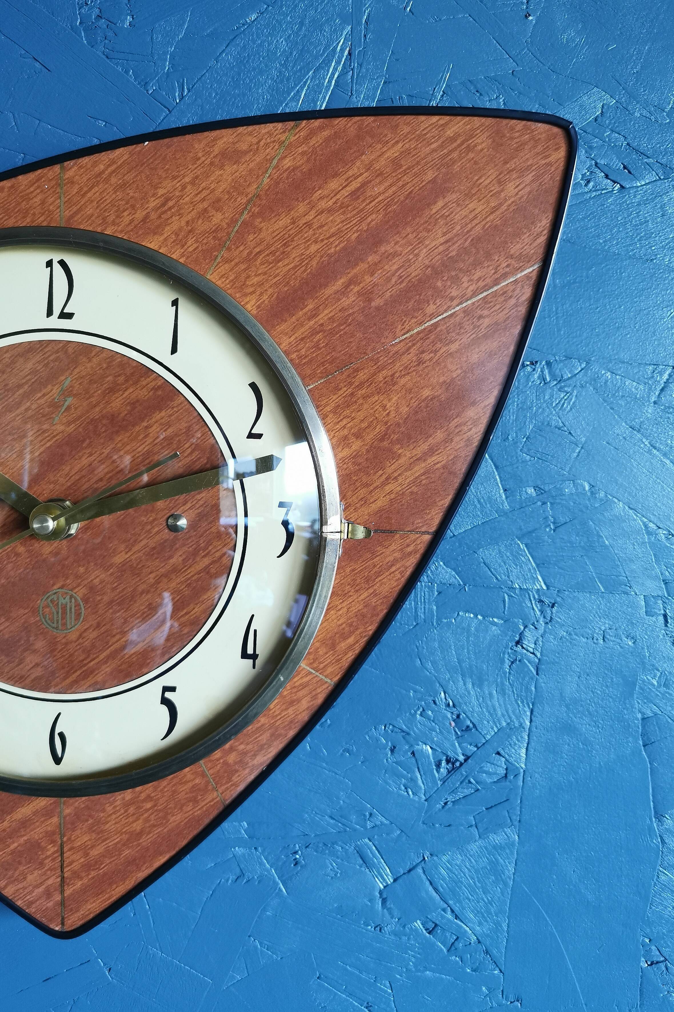 Vintage formica clock asymmetrical silent wall clock "SMI walnut golden lines"