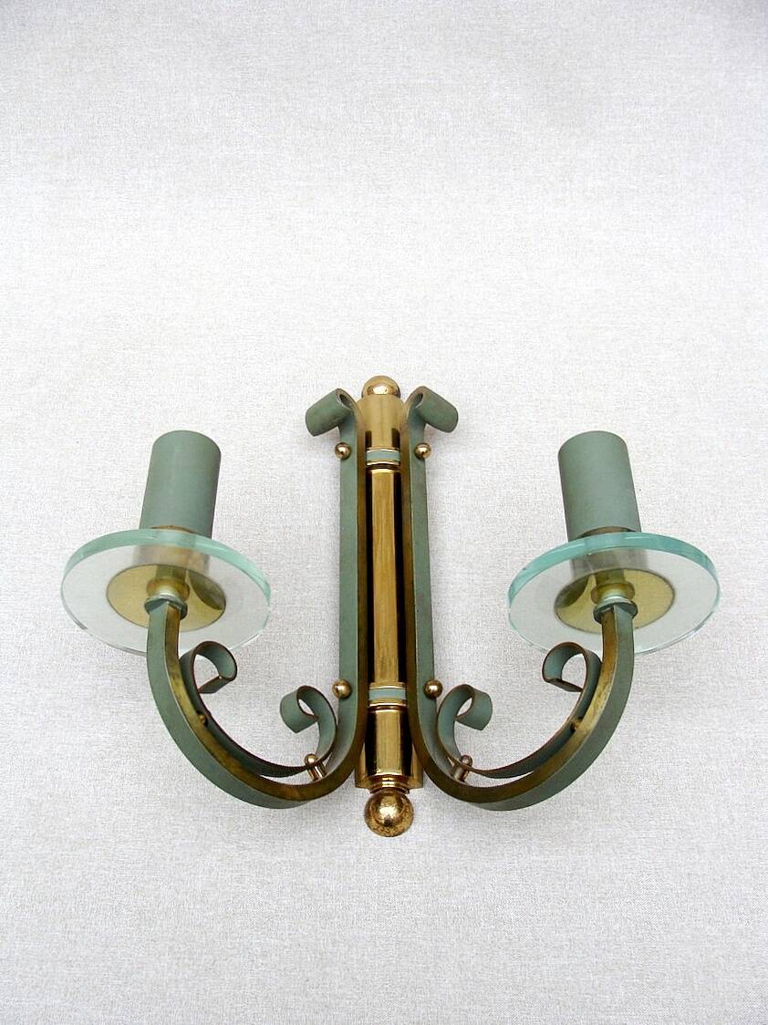 Pair of art deco lacquered metal, brass and glass wall lights