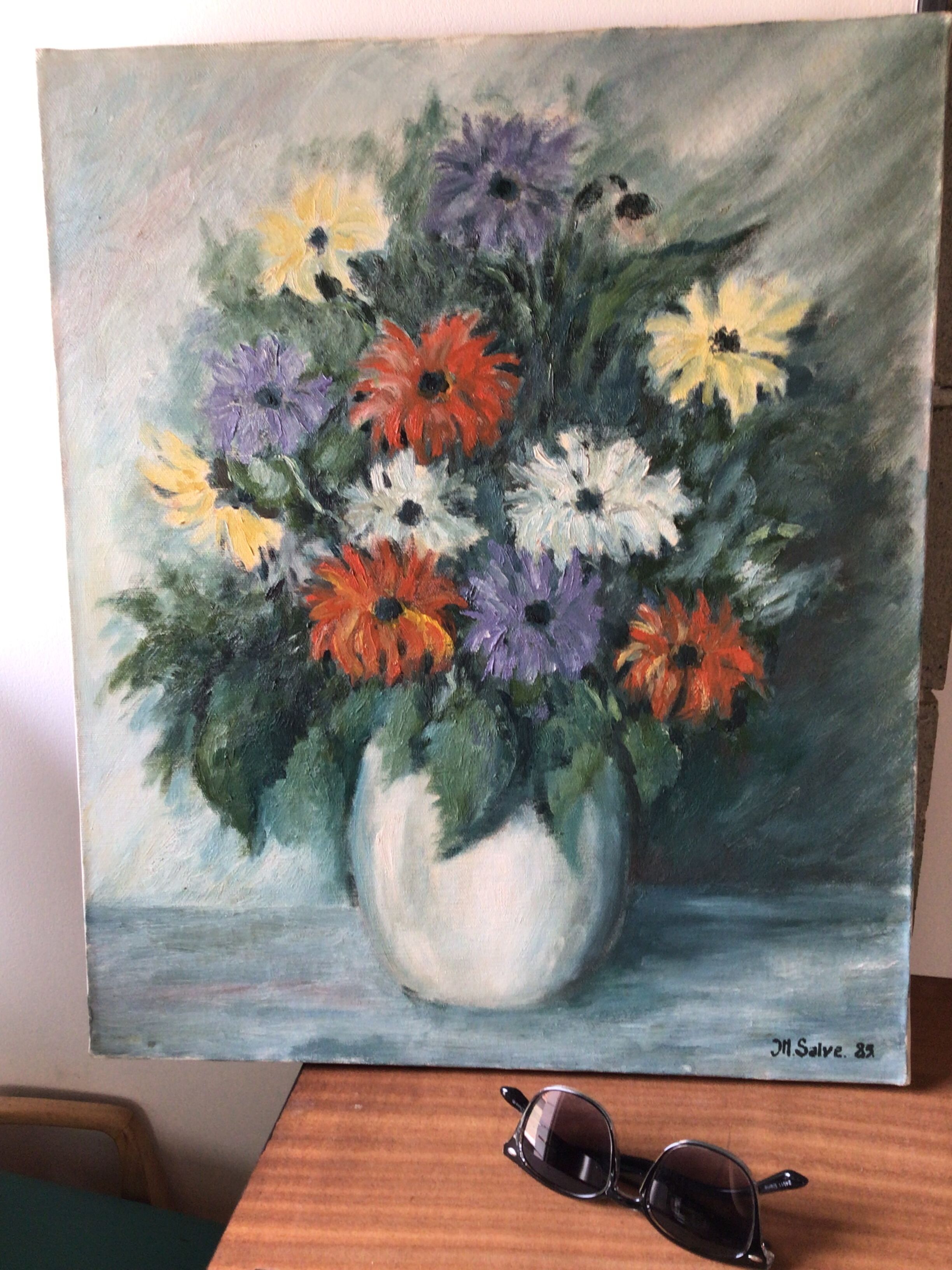 Oil bouquet table signed JM. Salve 1985