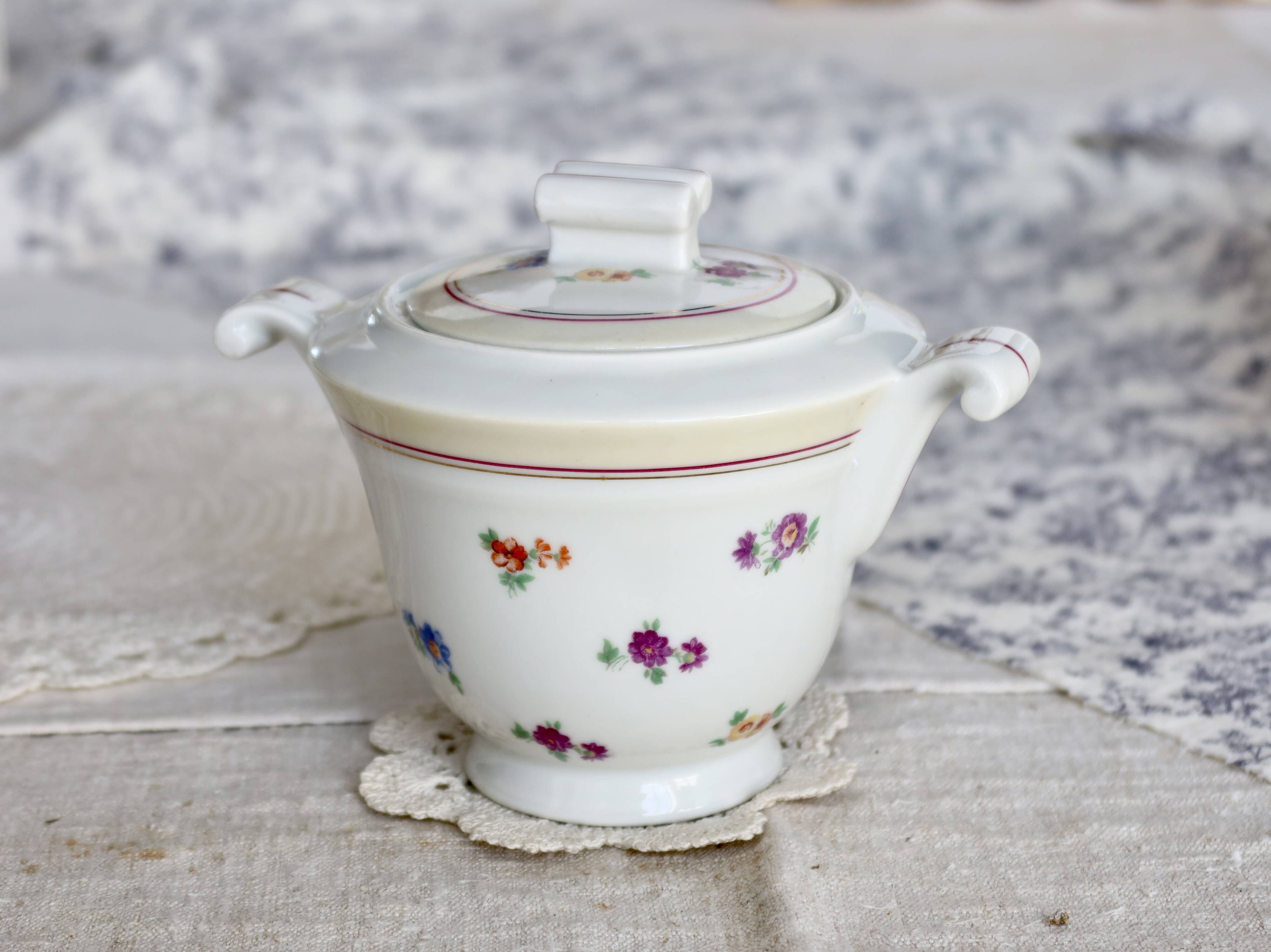 Vintage white porcelain sugar bowl with double handles - Floral decoration