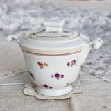 Vintage white porcelain sugar bowl with double handles - Floral decoration