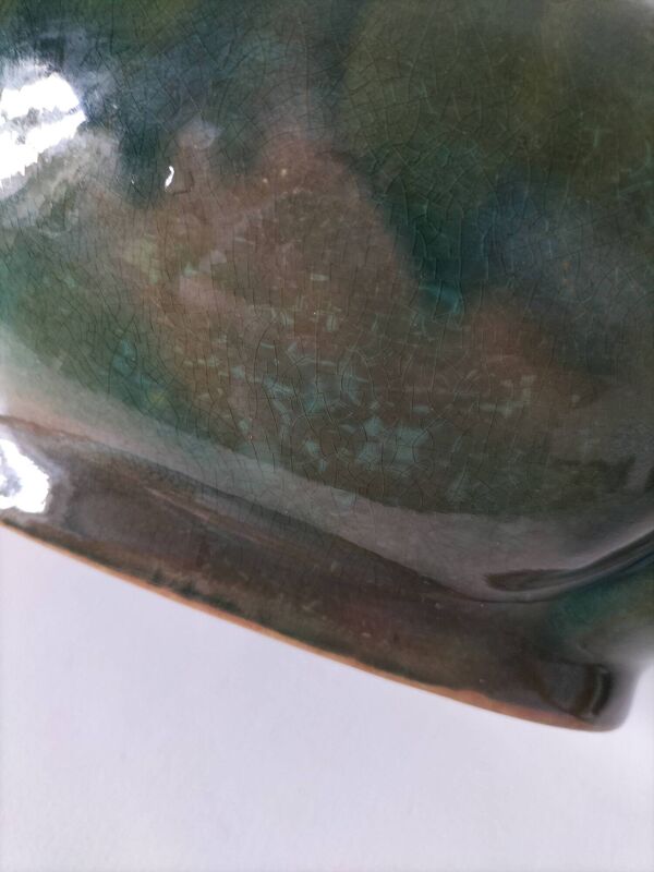 Cache-pot Art déco lobé en faïence émaillée vert turquoise