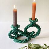 Two-armed candlestick in green glazed ceramic, braided effect