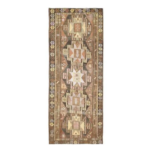 1970s Vintage Turkish Hand-Knotted Wool Cotton Brown Runner Rug 150x390