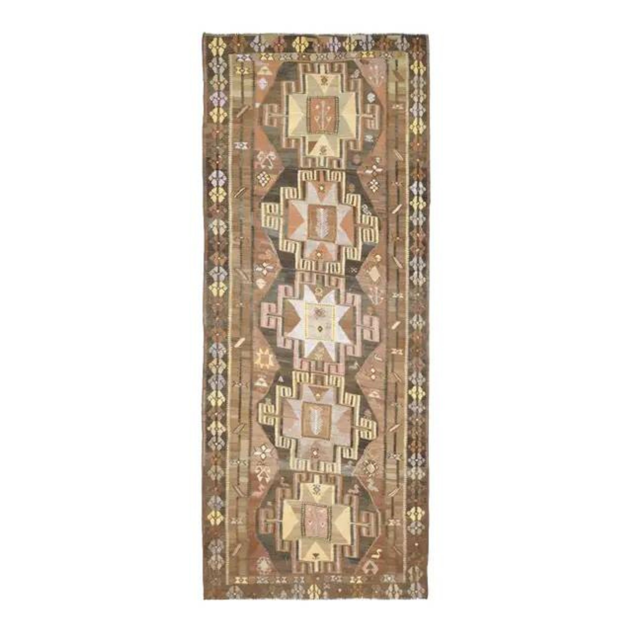 1970s Vintage Turkish Hand-Knotted Wool Cotton Brown Runner Rug 150x390