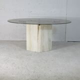 Living table, Comblanchian stone base and elliptical tray in smoked glass, Italy, 1970