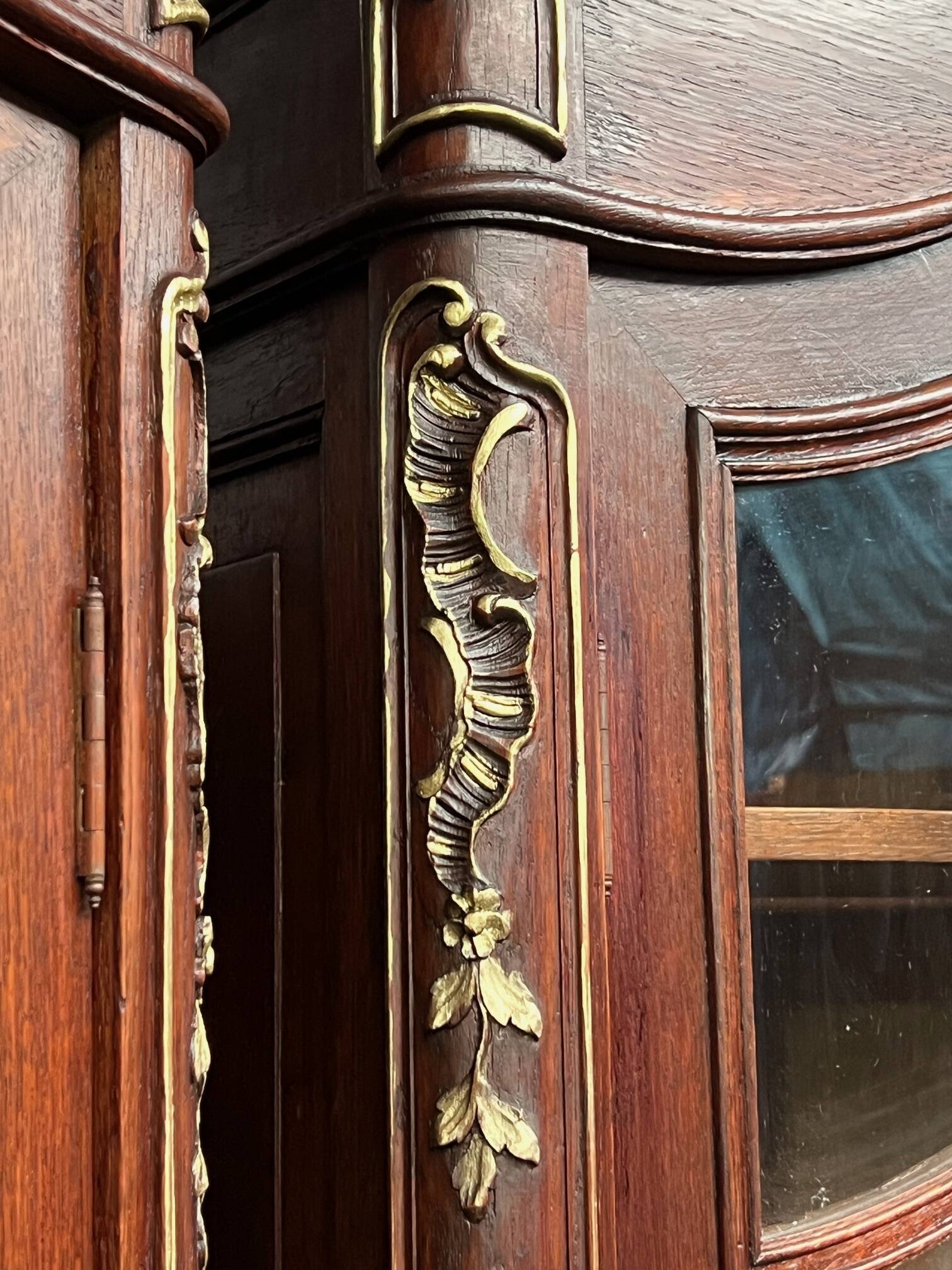 Pair of Louis XV style display cabinets. Hand-painted in gold, carved from solid oak.