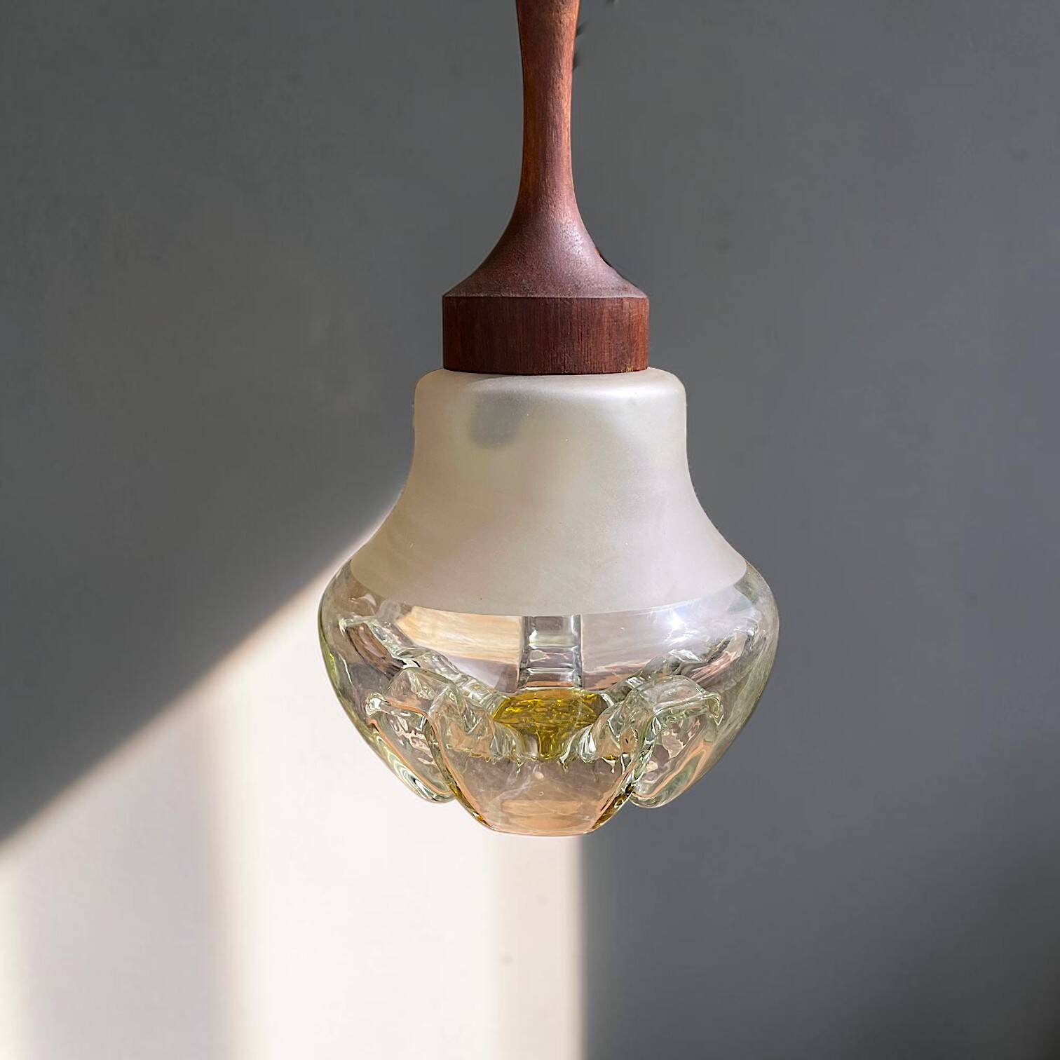 Teak wood and Mazzega style glass pendant lamp