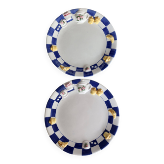 2 assiettes à dessert vintage en barbotine décor petit déjeuner