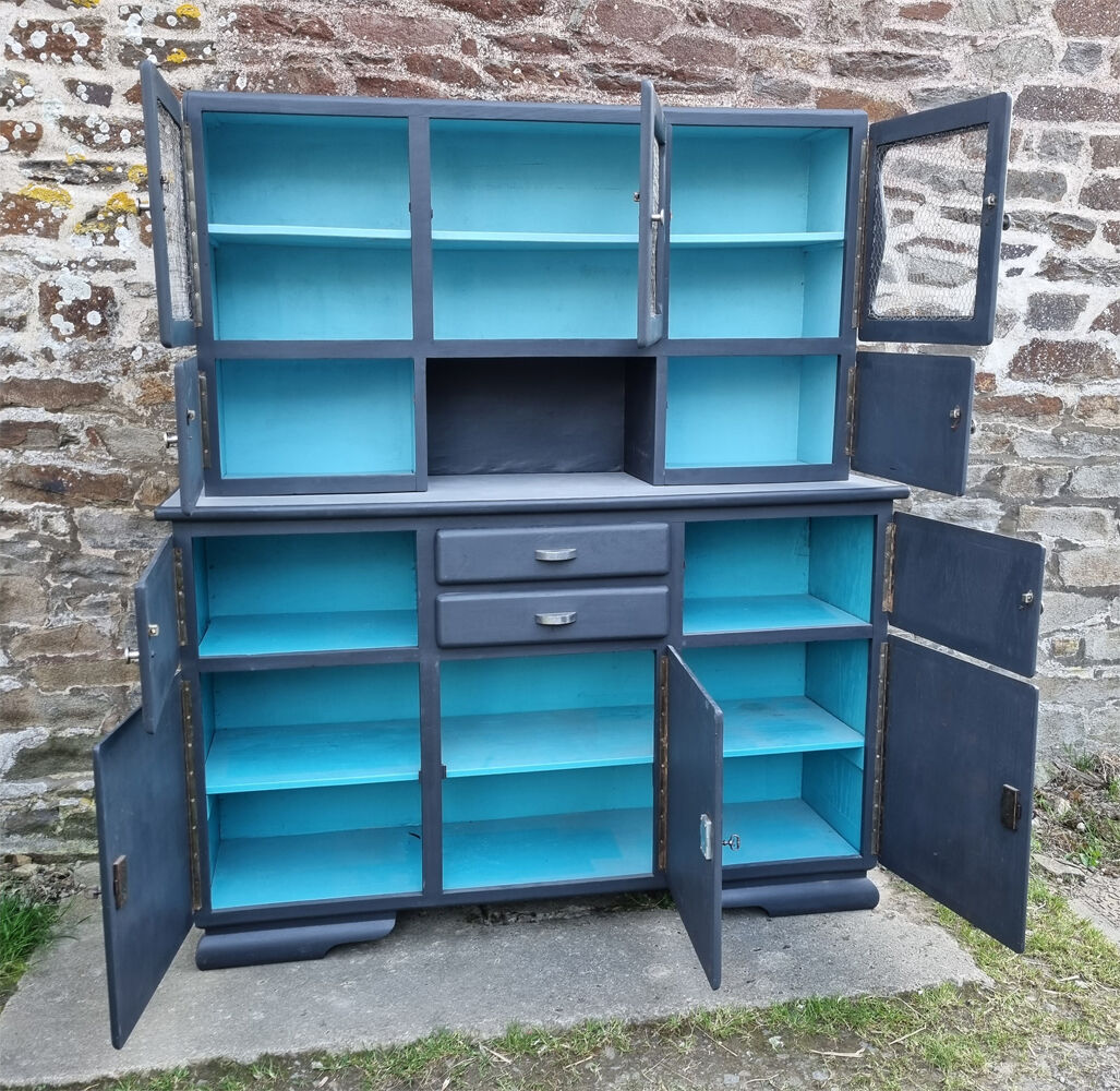 Vintage Mado sideboard, grey restyled, blue interior, 50s