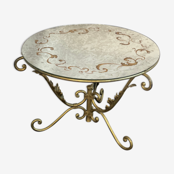 Round coffee table base in gilded wrought iron beautiful top enamelled glass 50s