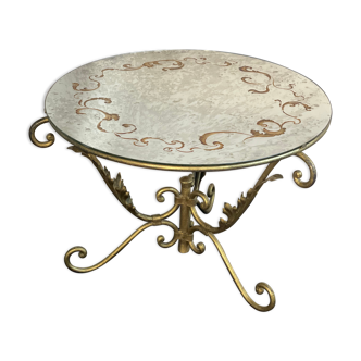 Round coffee table base in gilded wrought iron beautiful top enamelled glass 50s