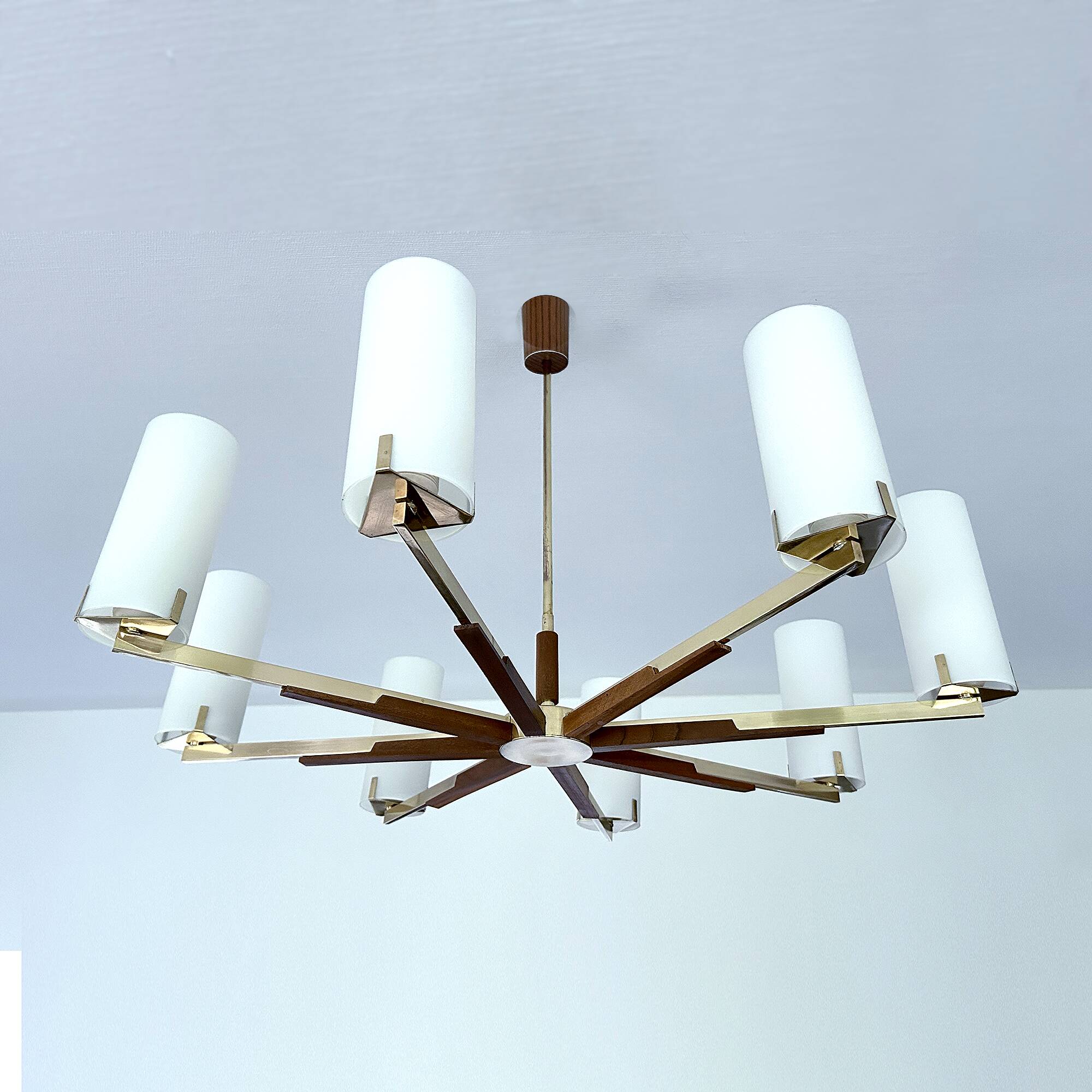 Grande suspension scandinave, teck, laiton et verre