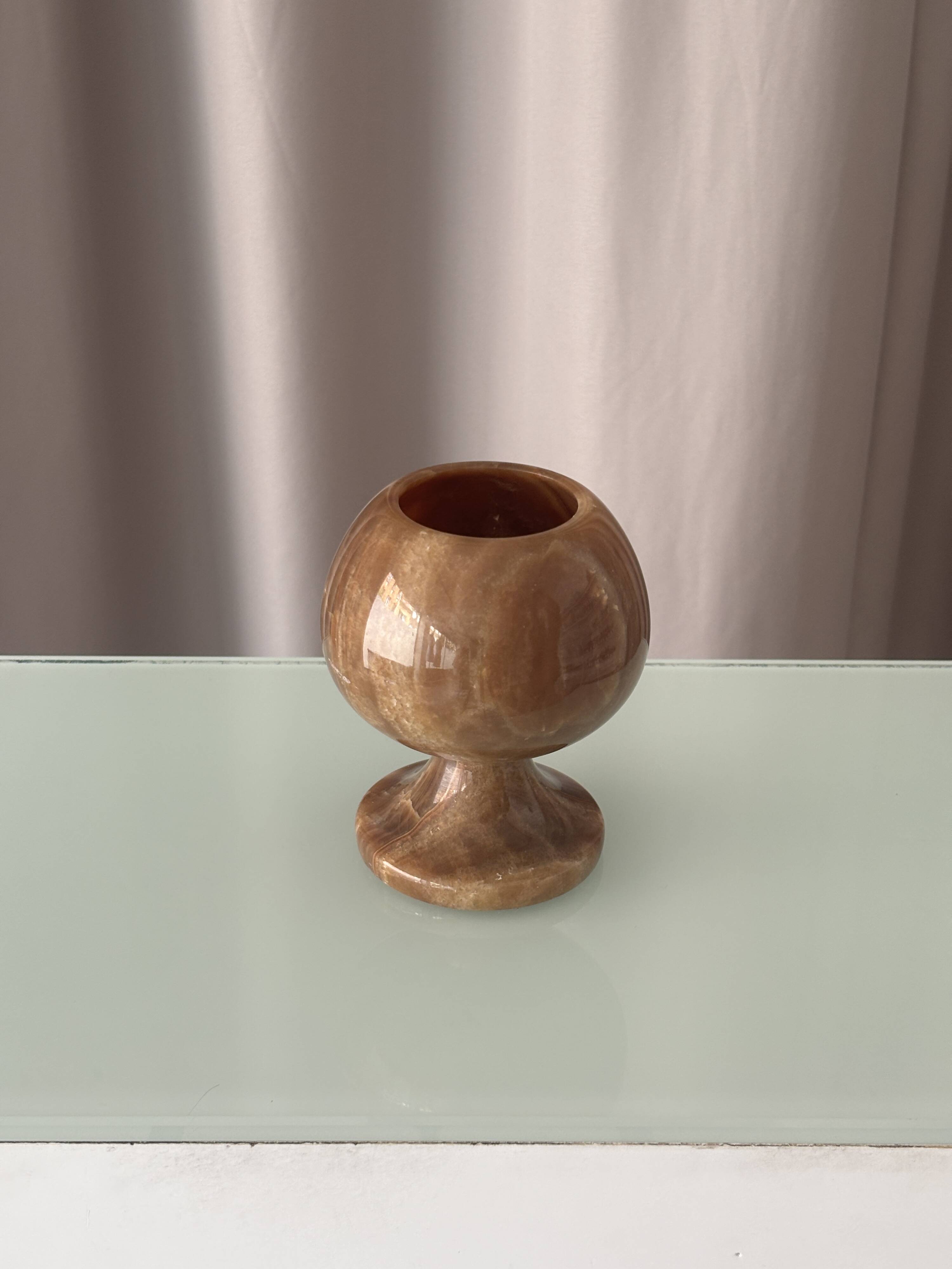 Vintage Hand-Carved Brown Onyx Pedestal Vessel