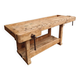 Ancien établi table d'appoint îlot de cuisine bois de hêtre